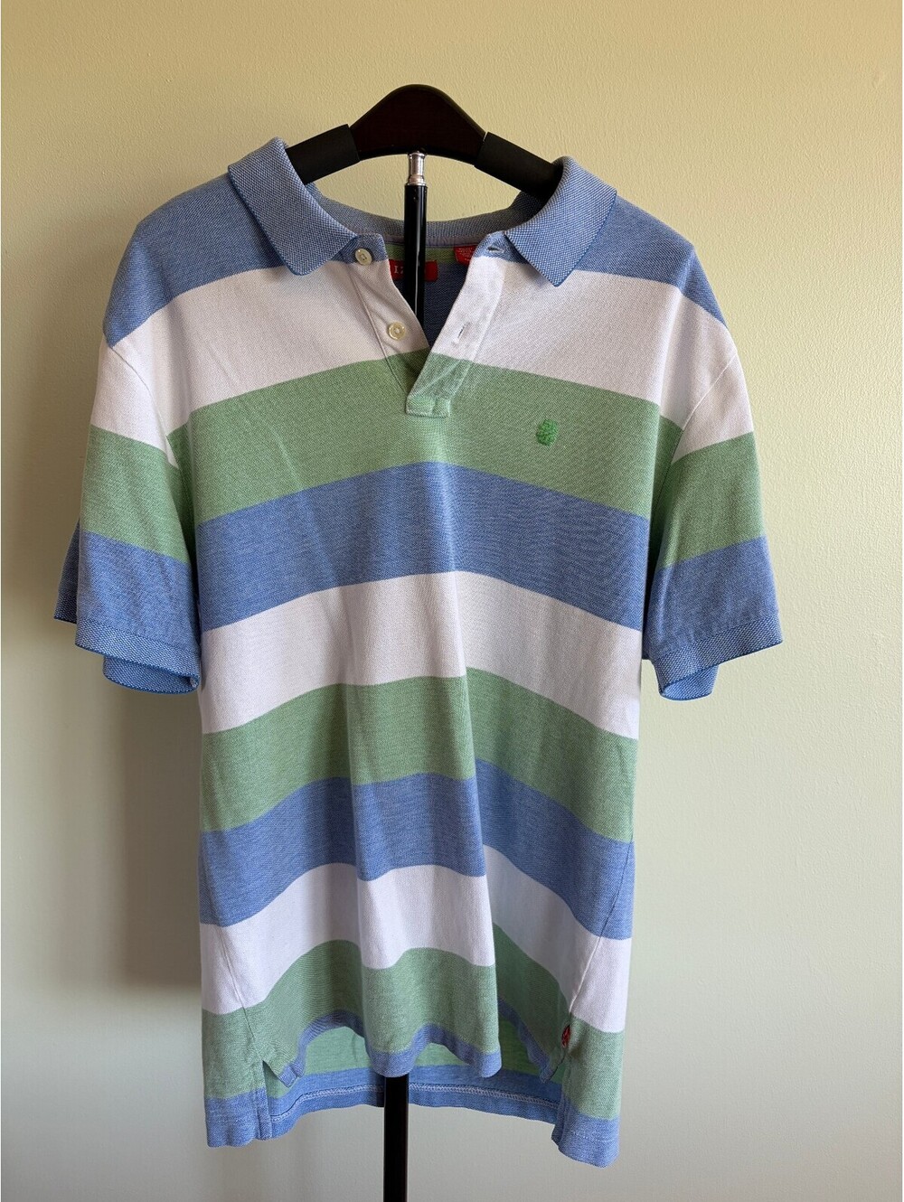 IZOD Men’s Large Polo Shirt Blue Green White Striped Short Sleeve